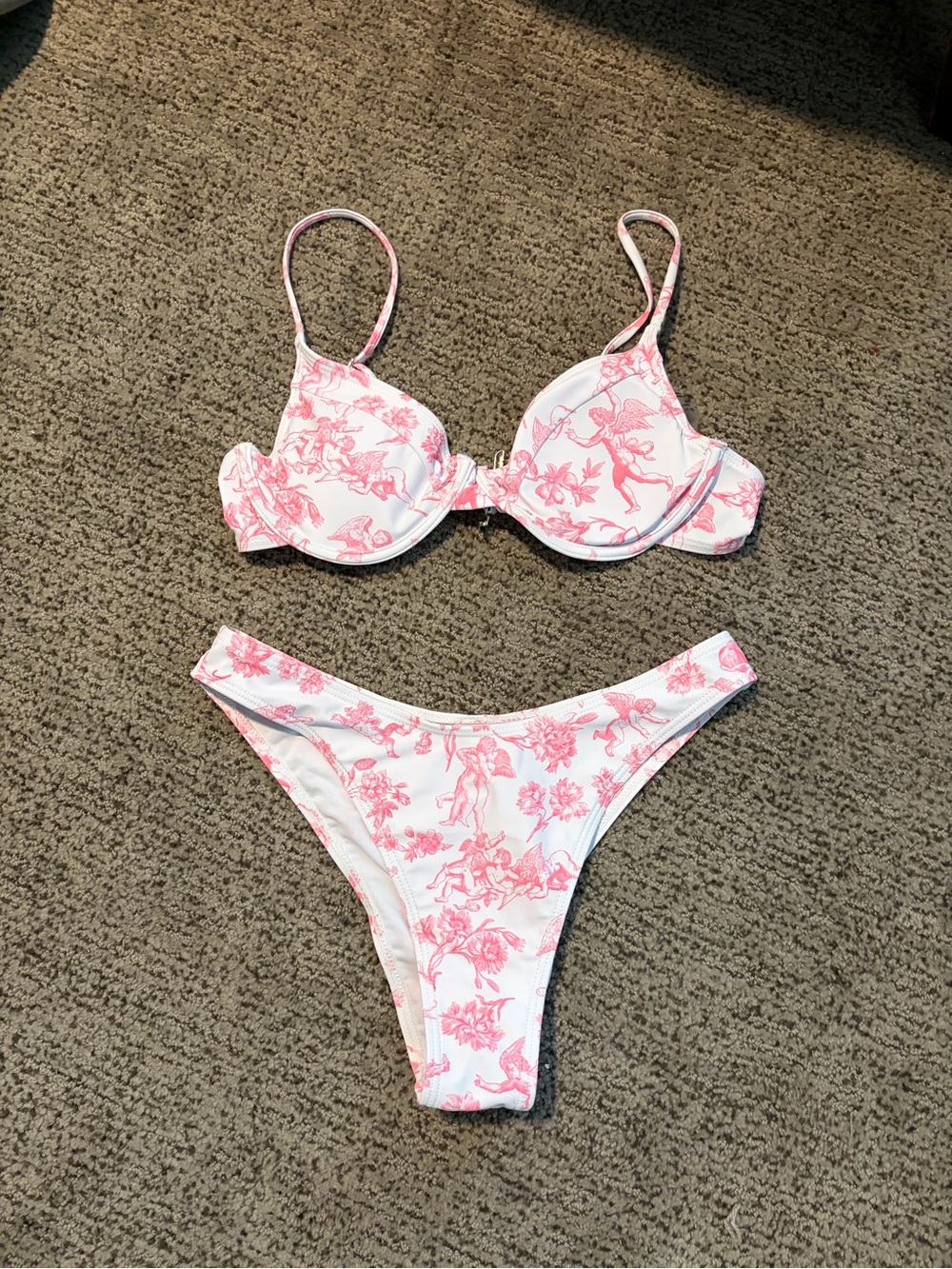 SHEIN White Bikini Set with Pink Toile Print